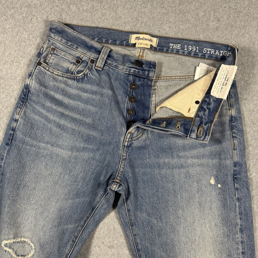 NWT Madewell The 1991 Straight-Leg Jeans Men's 31x32 Blue Distressed Button Fly